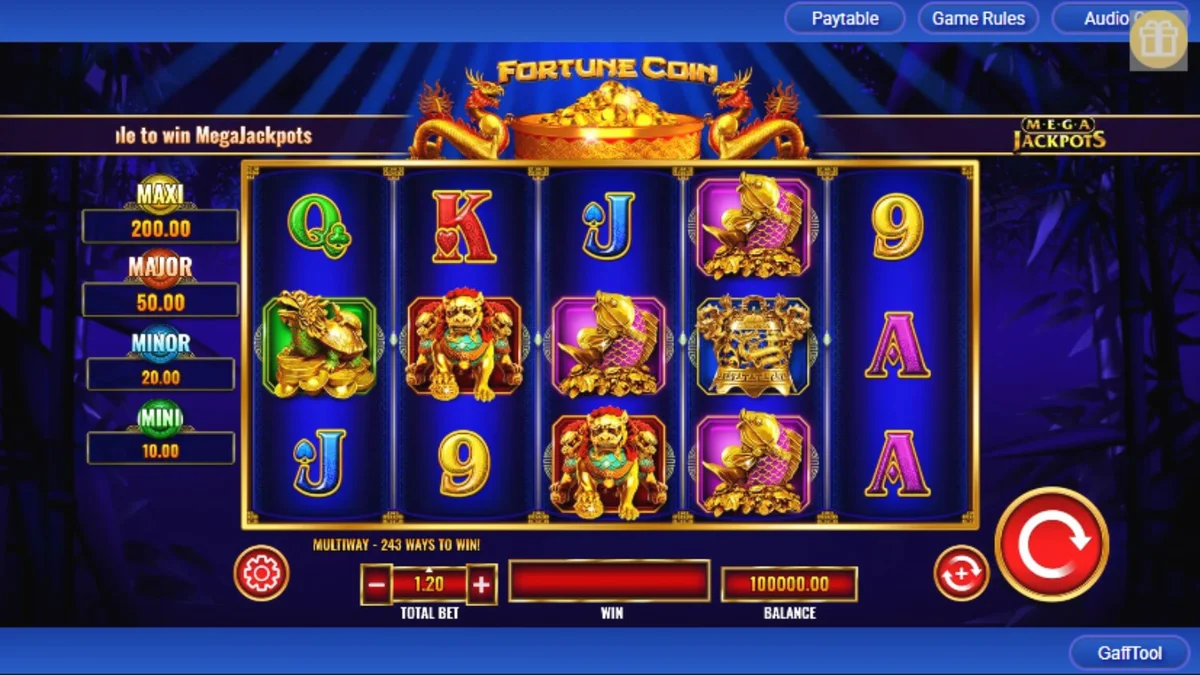 Interface do jogo Fortune Coin Mega Jackpot com símbolos orientais